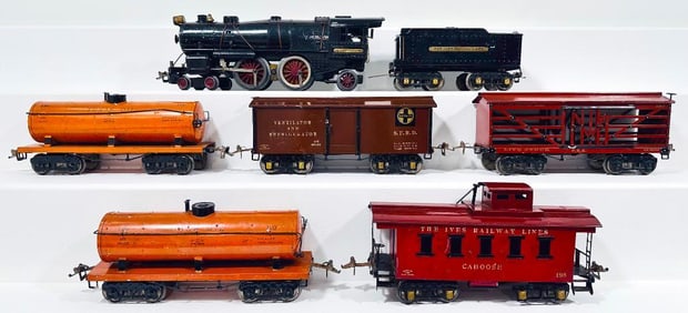 Ives Prewar Wide Gauge 1134 High Headlight Loco and 40 Tender and Five (5) Assorted Freight Cars