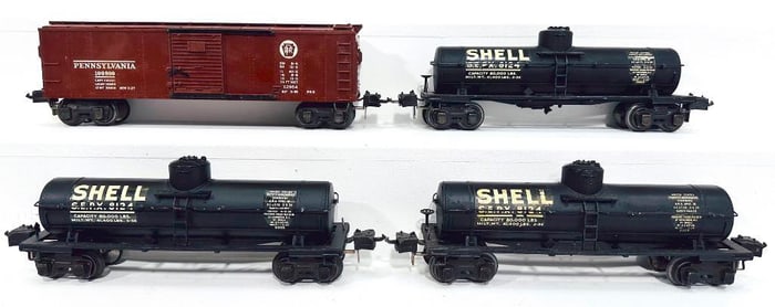 Lionel Prewar O Gauge 2954 Semi-Scale Box Car and 2955 Shell Semi-Scale Tank Car X3