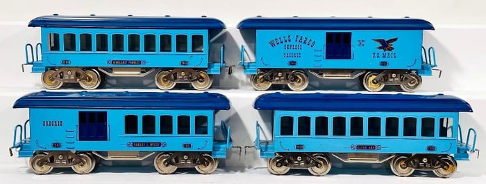 McCoy Modern Standard Gauge 2 tone blue Four (4) Assorted Passenger Cars 1966 - 1967 - 1968 - 1969