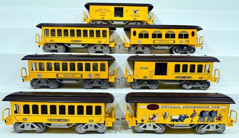 McCoy Modern Standard Gauge Seven (7) Assorted yellow and brown Old-Time Passenger Cars