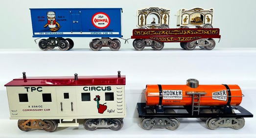 McCoy Modern Standard Gauge Circus Flat Car with 2 cages and Three (3) Assorted Freight Cars Boxed