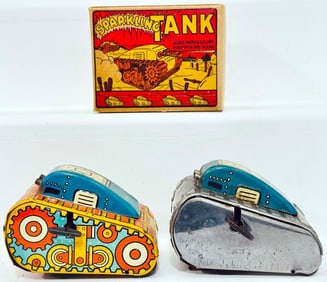 Marx Postwar Toys Sparkling Turnover Tank Windup with original box and multicolored Tank