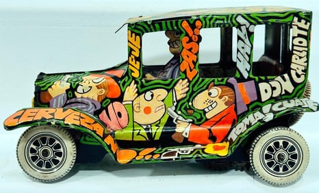 Mexican Marx Postwar Toys Tin Jalopy Graffiti Windup SCARCE