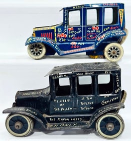 Marx Postwar Toys Tin Jalopy Windup black with handwriting and Tin Jalopy windup dark blue
