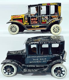 Marx Postwar Toys Tin Jalopy Windup Black with handpainted slogans and artwork and Tin Jalopy Windup