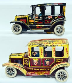 Marx Postwar Toys Tin Jalopy Windup Black with graffiti and Marx Toys Tin Jalopy Windup yellow