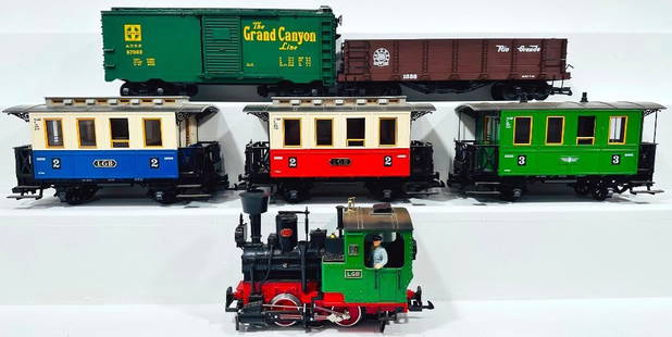 LGB Modern G Scale 2020 0- 4 - 0 Tank Engine with Three (3) Old Time Passenger Cars: LGB Modern G Scale 2020 0- 4 - 0 Tank Engine with Three (3) Old Time Passenger Cars, each in C7. This Lot also includes a Lionel Modern G Scale Box Car, in C7, and a Bachmann Modern G Scale Gondola, i