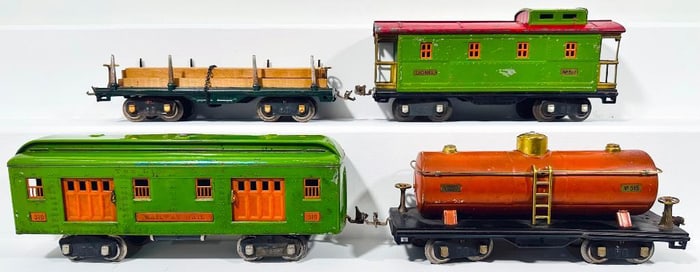 Lionel Prewar Standard Gauge 517 Caboose - 310 Baggage Car - 515 Tank Car - 511 Lumber Car