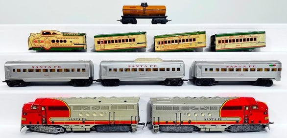 Marx Postwar O Gauge Santa Fe A -A Diesel Units/3 Santa Fe Passenger Cars/cream and green 4 Car Set