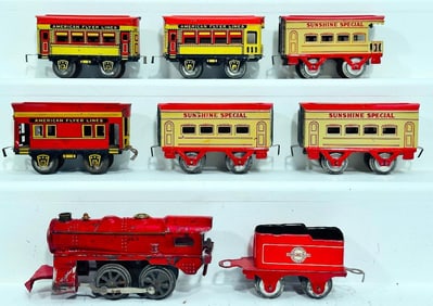 Hafner Prewar O Gauge red Locomotive and Tender/Three American Flyer Sunshine Special Passenger Cars