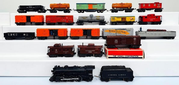 Lionel Prewar O Gauge 225 Black Locomotive and 2666W Black Tender with Thirteen Assorted Lionel Cars