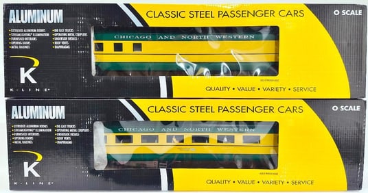 K-Line Modern O Gauge C&NW 21 inch Extruded Aluminum Parlor Car and 21 inch Extruded Aluminum Car