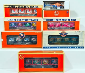 Lionel Modern O Gauge Six (6) Assorted Freight Cars and Helicopter