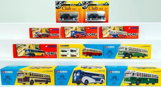 Corgi Classics Modern Diecast Nine (9) Assorted Buses and Pumper Fire Truck Boxed
