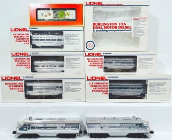 Lionel Modern O Gauge Burlington F -3 A -A Dual Motor Diesel Units and Five Assorted Aluminum Cars