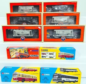 Lionel Modern O Gauge Six (6) Assorted Freight Cars and Four (4) Assorted Corgi Classics Buses Boxed