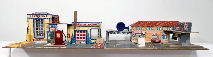 Vintage Keystone Postwar 1950s Toy Bus Terminal Litho on wood with loudspeaker/ Keystone Gas Station
