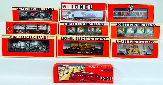 Lionel Modern O Gauge Assorted Freight Cars/Corgi Classics Bus/Lionel lumber Packaging Tractor