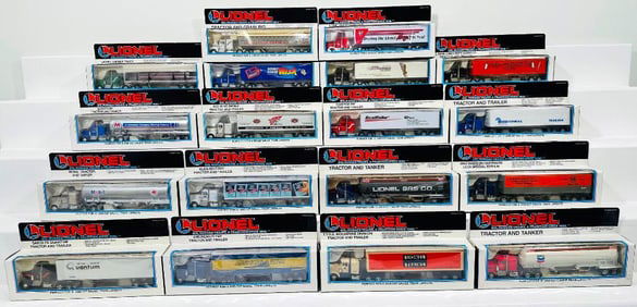 Lionel Modern O Gauge Eighteen (18) Assorted Tractor and Tanker Truck/Trailer Trucks Boxed