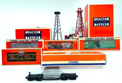 Lionel Modern O Gauge Oil Derrick/NYC Depressed Center Flat Car/Windmill/Four Assorted Freight Cars