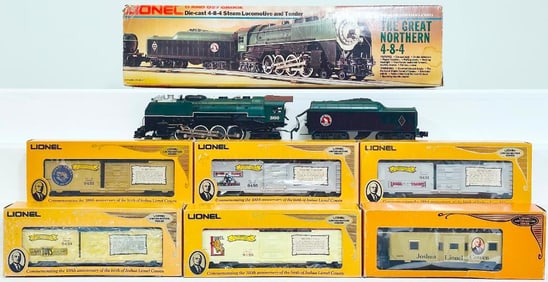 Lionel Modern O Gauge Great Northern 4 -8 -4 Locomotive and Tender and Six Assorted Freight Cars