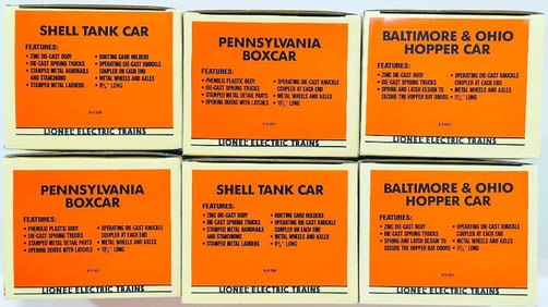 Lionel Modern O Gauge Diecast Shell Tank Car X2–Baltimore and Ohio Hopper Car X2–Penn Box Car X2