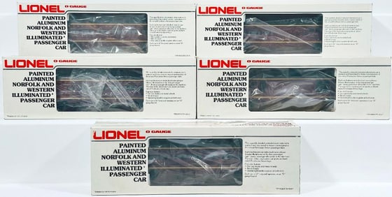 Lionel Modern O Gauge Five (5) Assorted Painted Aluminum Norfolk and Western Passenger Cars