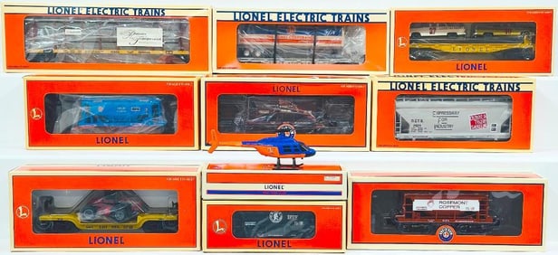 Lionel Modern O Gauge Eleven (11) Assorted Freight Cars and Helicopter Boxed