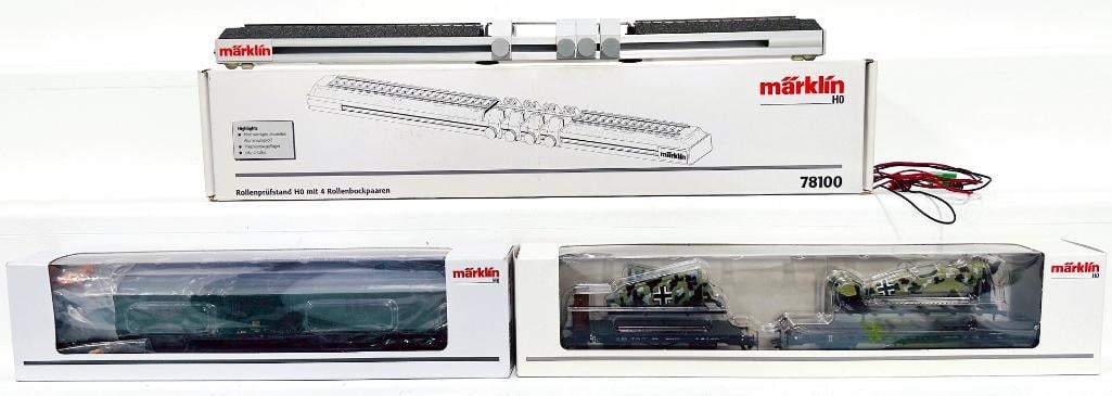 Marklin Modern HO Scale Auxiliary Baggage Car with sound #43992 –Airplane Transport Pair of Flat: Marklin Modern HO Scale Auxiliary Baggage Car with sound #43992 -Airplane Transport Pair of Flat Cars #45088 -HO Roller Test Stand with 4 pairs of roller brackets #78100, each in C9 and each with its