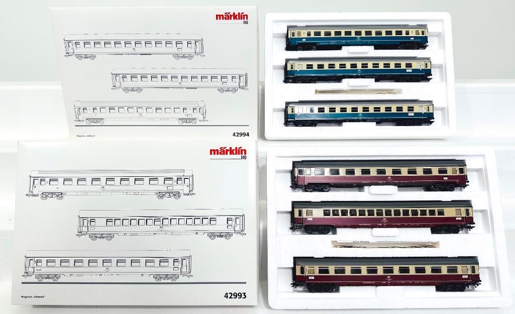 Marklin Modern HO Scale Wagen Set Suewind 3 Car #42994 and Wagen Set Suewind 3 Car #42993: Marklin Modern HO Scale Wagen Set Suewind 3 Car #42994 and Wagen Set Suewind 3 Car #42993, each in C9 and each with its original box.