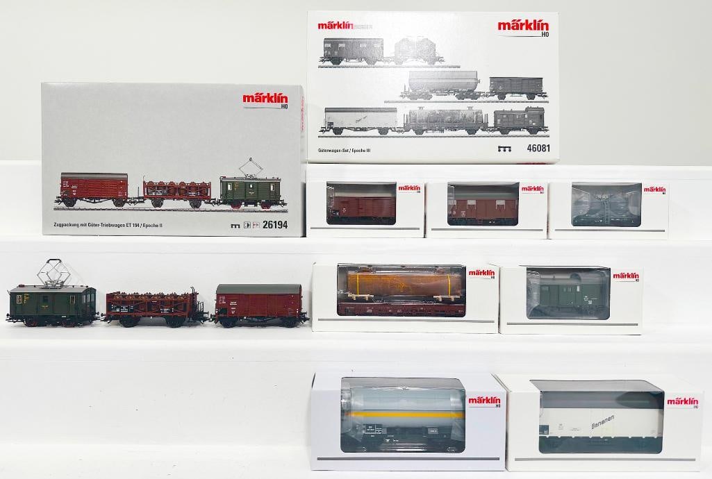 Marklin Modern HO Scale 7 Car Freight Set #46081 and 3 Car Freight Powered Rail Car Set #26194: Marklin Modern HO Scale 7 Car Freight Set #46081 and 3 Car Freight Powered Rail Car Set #26194, each in C9 and each with original box.