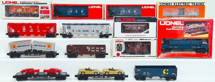 Lionel Modern O Gauge Route 66 Flat Car with 2 Cars and other Assorted Freight Cars