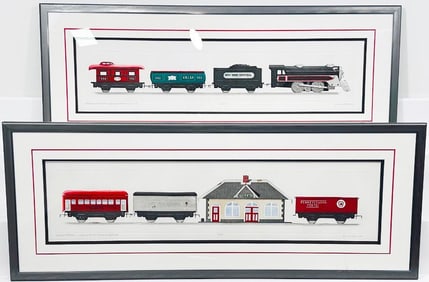 Picture framed of Marx Freight Cars/ Marx Station and picture framed of Marx Locomotive and Tender