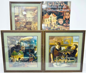 Pictures framed of the early German Toy Stores and Toy backdrops with Toy Trains/ Marklin Calendar