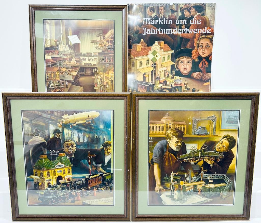 Pictures framed of the early German Toy Stores and Toy backdrops with Toy Trains/ Marklin Calendar: Pictures framed of the early German Toy Stores and Toy backdrops with Toy Trains and Marklin calendar, each in excellent overall condition.