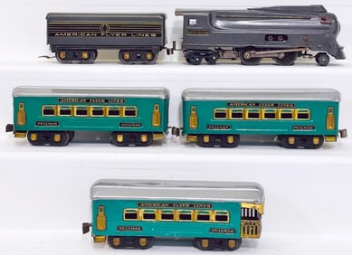 American Flyer Prewar O Gauge Gunmetal Streamline Locomotive 2 - 4 - 4 and Tender with Three Cars