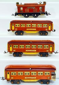 Lionel Prewar O Gauge 253 terra-cotta Electric Locomotive and 613 - 613 - 614 terra-cotta and maroon