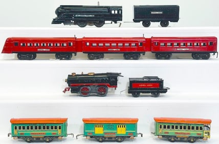Lionel Prewar O Gauge 1588 Black Locomotive and Tender with 3 red Streamliner Cars