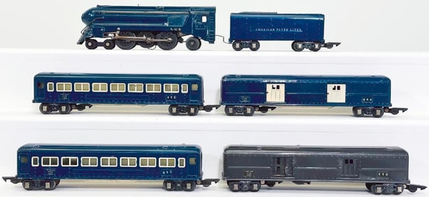 American Flyer Prewar O Gauge 556 Royal Blue Locomotive and Royal Blue Tender with 495-494-495 Cars