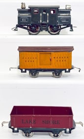 Lionel Prewar O Gauge 152 gray Electric Loco/800 Wabash Box Car/maroon Lake Shore four wheel Gondola