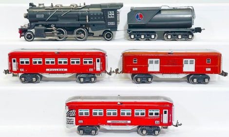 Lionel Prewar O Gauge 255E Gunmetal Loco and 263W Gunmetal Tender with 613 - 614 - 615 Cars