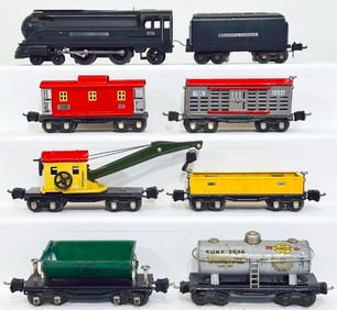 Lionel Prewar O Gauge 238 Black Pennsylvania Locomotive/ 2225W Black Tender with Six Assorted Cars