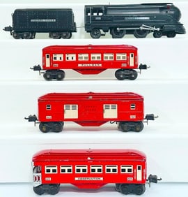 Lionel Prewar O Gauge 238 Pennsylvania Black Locomotive and 2225W Tender with 2600 - 2601- 2602 Cars