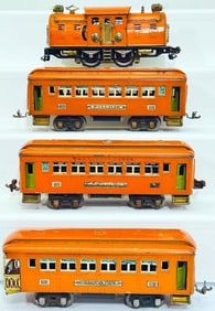 Lionel Prewar O Gauge Macys Set No. 4 Bild-A-Loco orange and 605 - 605 - 606 orange Passenger Cars