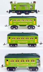 Lionel Prewar O Gauge 253E green Electric Locomotive and 607-607-608 two-tone green Passenger Cars
