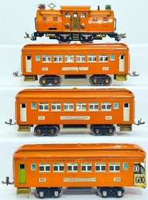 Lionel Prewar O Gauge 254E orange Electric Locomotive and 605 - 605 - 606 Orange Passenger Cars RARE