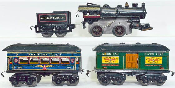 American Flyer O Gauge Black red stripe Clockwork Locomotive and Tender/1106 and 1105 Passenger Cars