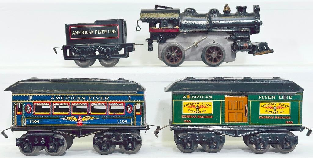 American Flyer O Gauge Black red stripe Clockwork Locomotive and Tender/1106 and 1105 Passenger Cars: American Flyer O Gauge 12 Black red stripe Clockwork Locomotive and 120 Tender with 1106 and 1105 Passenger Cars, with the Locomotive and Tender in C7 minus and with original key, and the 1106 in C6 p