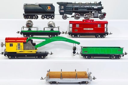 Lionel Prewar O Gauge 260E Gunmetal Locomotive and Gunmetal Tender/ Five (5) Assorted Freight Cars
