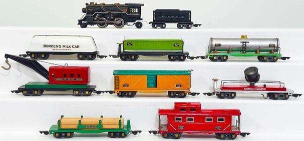 American Flyer Prewar O Gauge Black Locomotive and Black Tender with Eight (8) Assorted Freight Cars